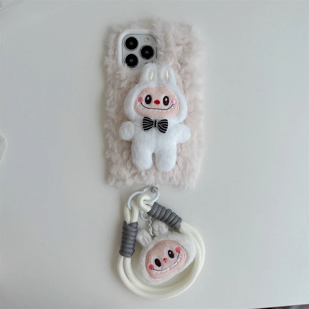 Cute Fluffy Labubu with Lanyard Phone Case for iPhone