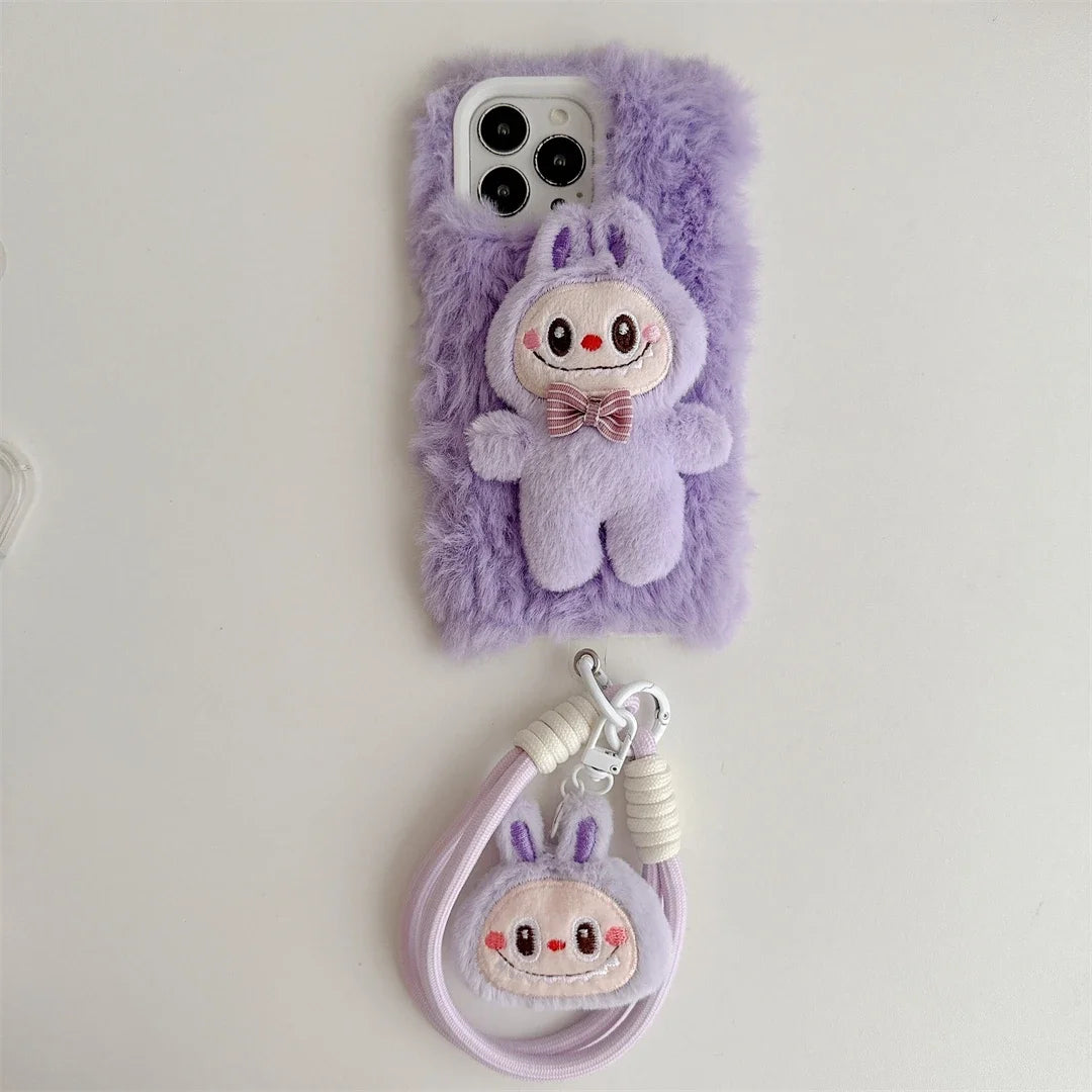 Cute Fluffy Labubu with Lanyard Phone Case for iPhone