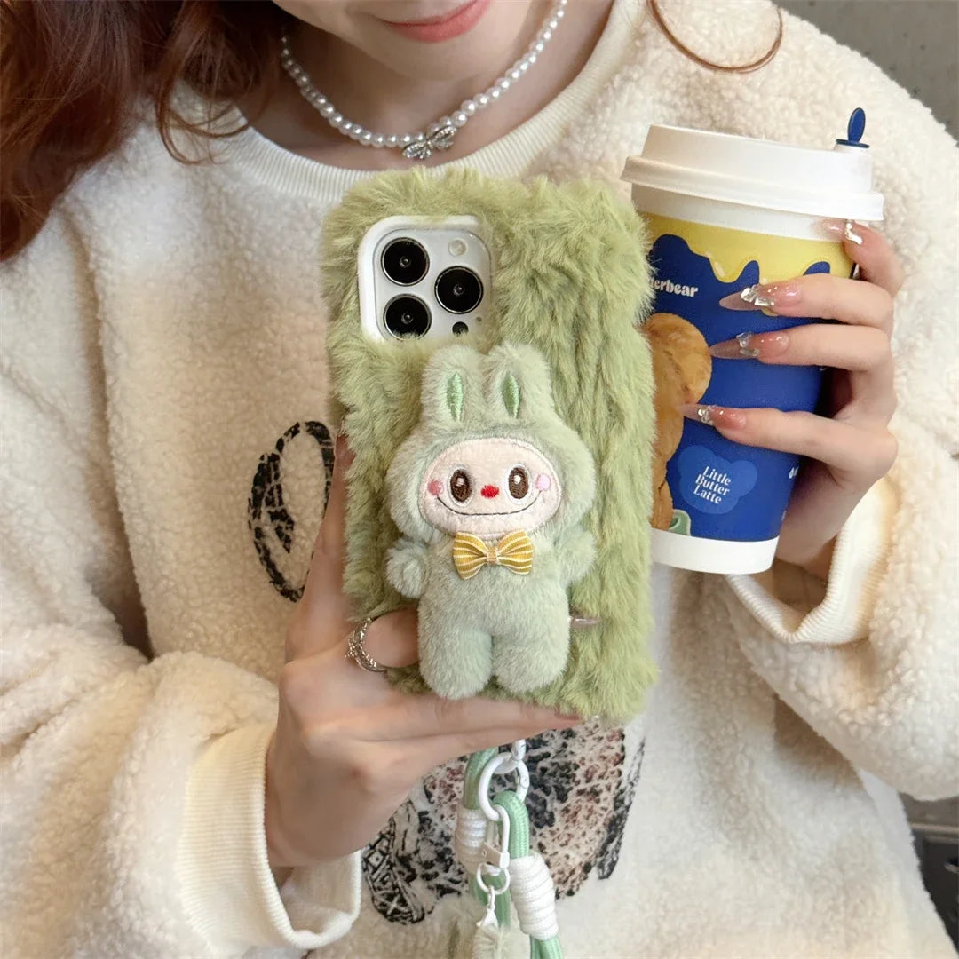 Cute Fluffy Labubu with Lanyard Phone Case for iPhone