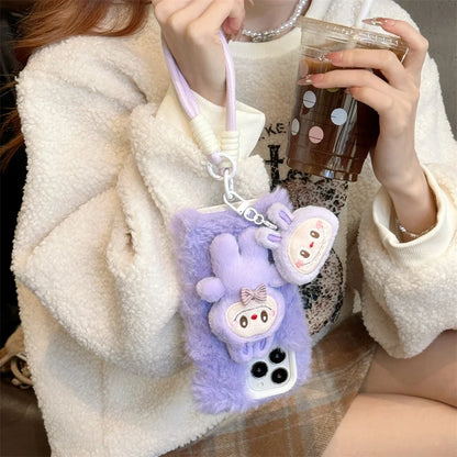 Cute Fluffy Labubu with Lanyard Phone Case for iPhone