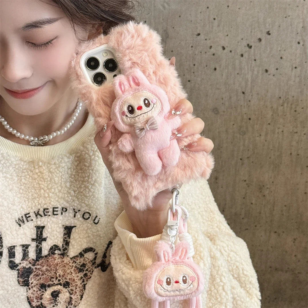 Cute Fluffy Labubu with Lanyard Phone Case for iPhone