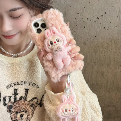 Cute Fluffy Labubu with Lanyard Phone Case for iPhone