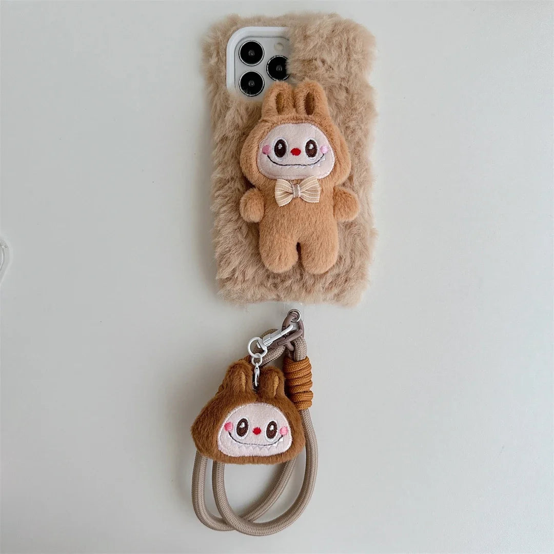 Cute Fluffy Labubu with Lanyard Phone Case for iPhone